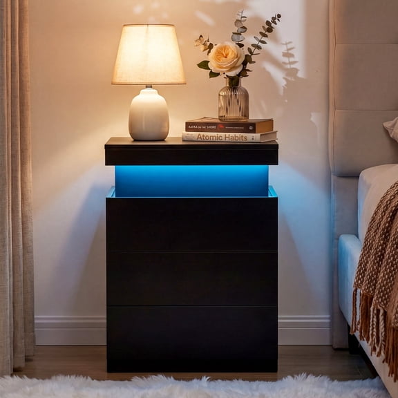 CONCETTA LED Nightstand with Charging Station, Modern 3 Drawer Bedside Table with Sliding Top and Hidden Storage for Bedroom and Office, Black