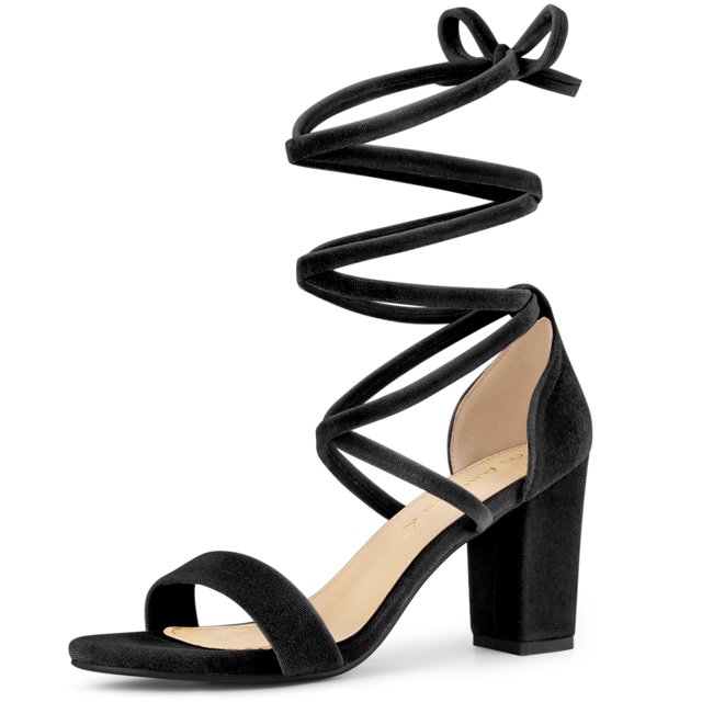 Sandalias de tiras de tacón grueso con cordones de terciopelo sintético para mujer Negro 41