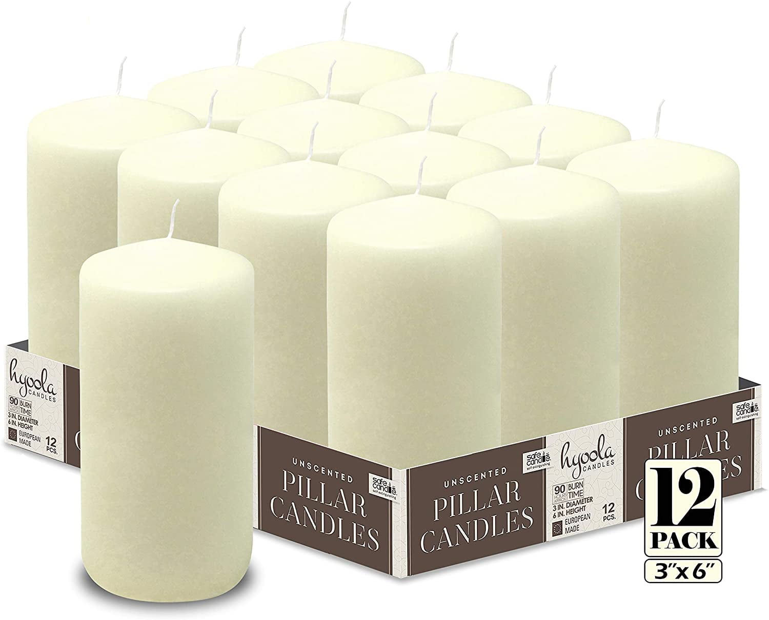Hyoola, 3 x 6 Inch Unscented Dripless Pillar Candles Ivory Color (12 Pack)