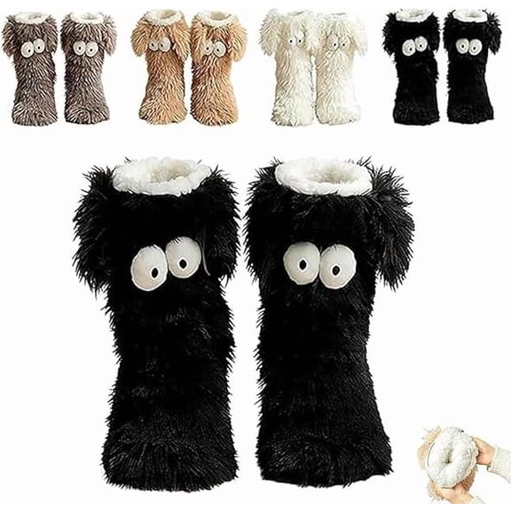 Friends Cozy Socks, Women's Winter Warm Fuzzy Sock Non-slip Slipper Socks with Cute Big Eyes, Funny Home Floor Sock- Black