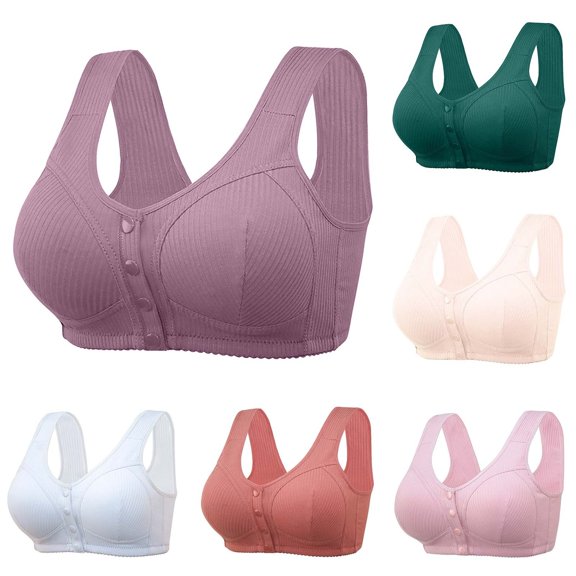 Gymayou Women Plus Size Front Snap Wireless Bra Ribbed Seamless Lift Bralette Side Support Front Closure Comfort Lingerie Pink L