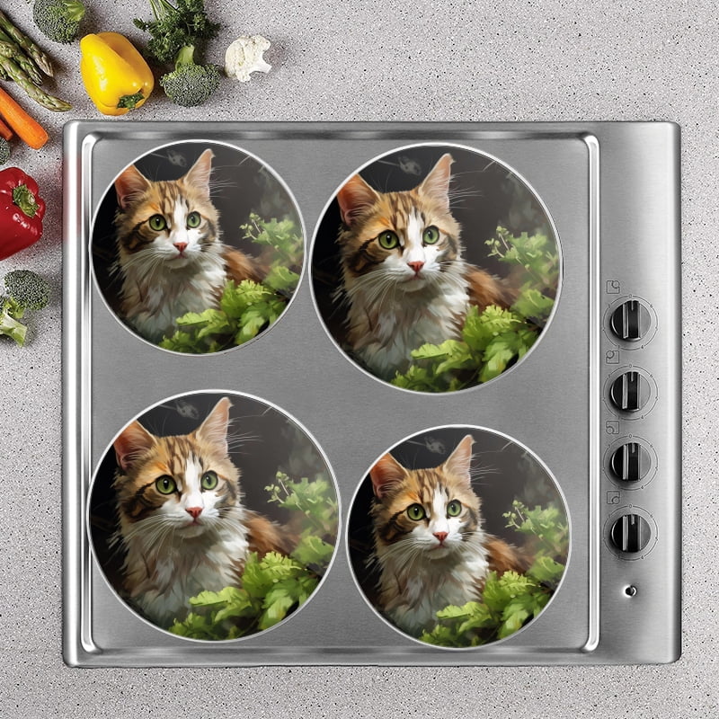 BaHomeck Electric Stove Burner Covers Set of 4,Round Metal Gas Stove Burner Covers 8 Inch and 10 Inch,Kitchen Decor,Calico Cat With Green Eyes Sitting In The Grass