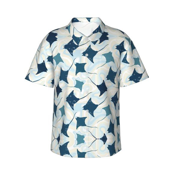 Swimming Manta Rays Hawaiian Shirts For Men, Summer Short-Sleeve Relaxed-Fit Button-Down Shirts Small