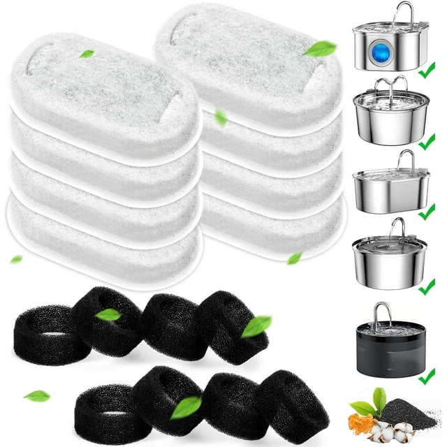 Cat Water Fountain Filters, 16 Pack Cat Replacement Filters for Stainless Steel 3.2L/108oz & 2L/67oz Pet Fountain, Adjustable Water Flow Pet Fontaines Filter(8+8 Pack)