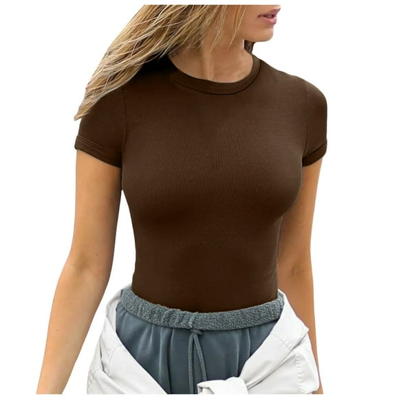 Lixiuxyad T-Shirts d'Été à Manches Courtes pour Femmes, Col Rond, Côtelé, Coupe Ajustée, Chandails Décontractés, Tee, T-Shirt, Brun, TTG