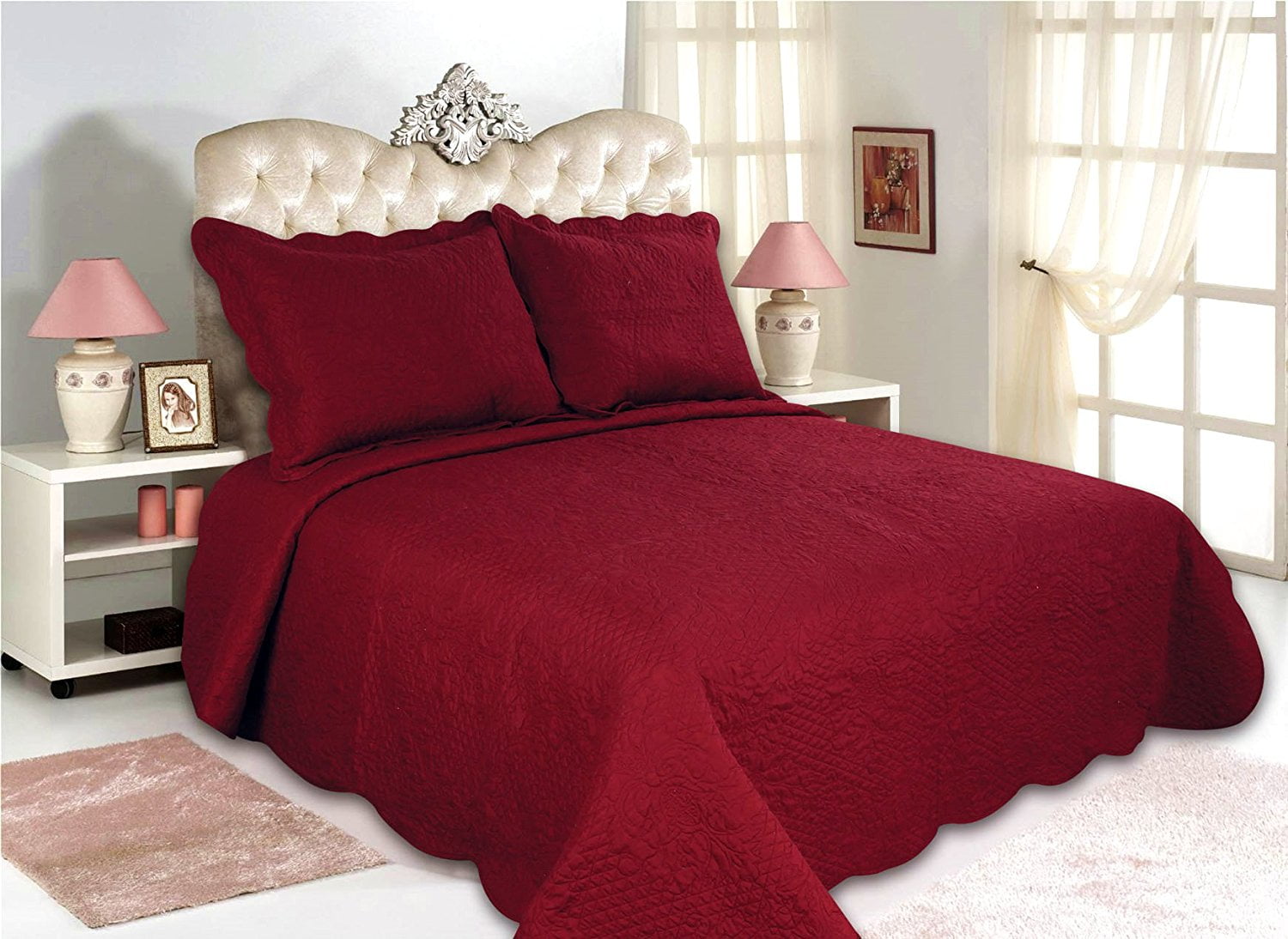 Details about   3pc Solid Deep Red Quilted Bedspread Set AND Decorative Pillow Shams ALL SIZES 