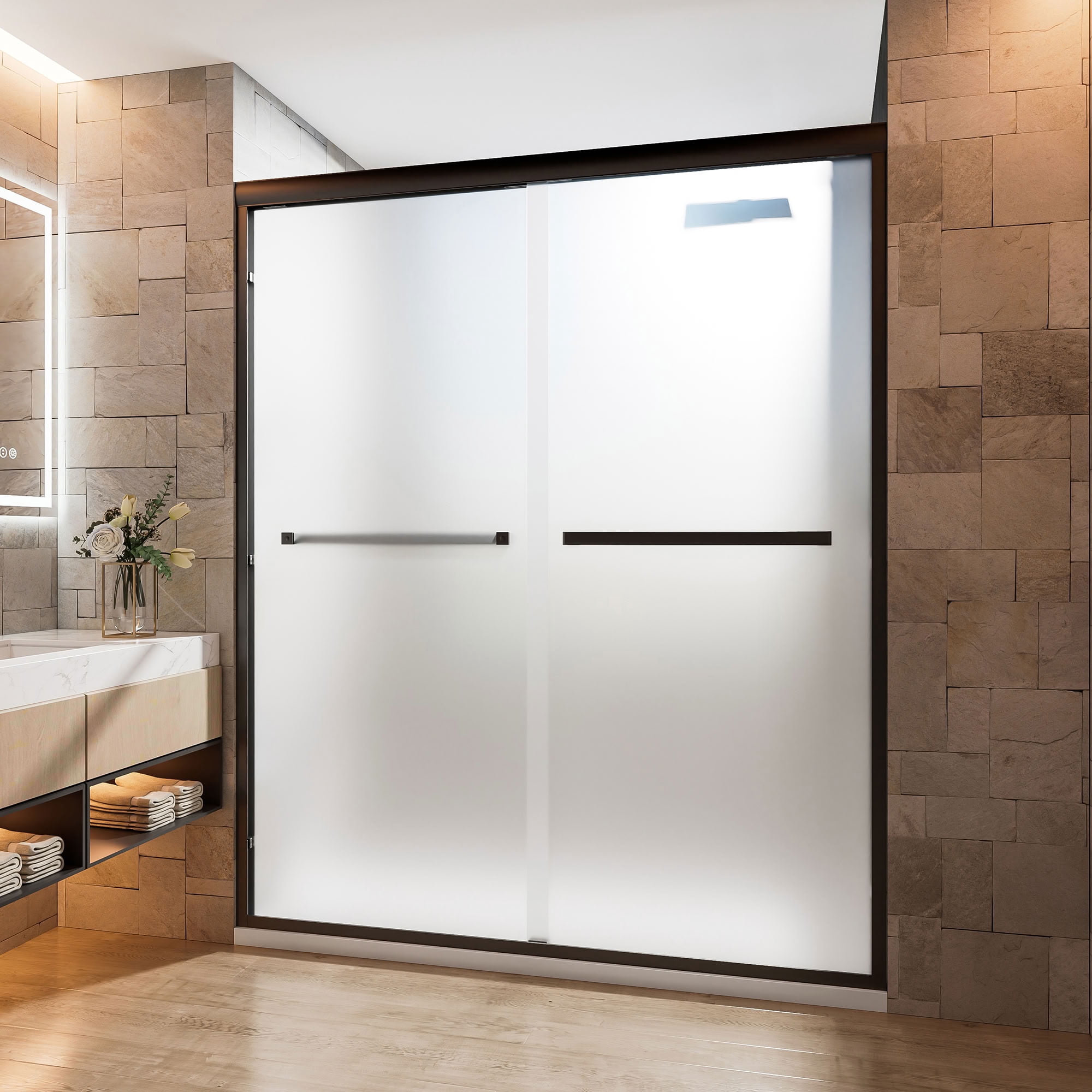 MAYEERTY Double Sliding Shower Door, Matte Black Frame, 1/4" Frosted Tempered Glass with Nano Self-Cleaning Coating, Waterproof & Reversible Installation