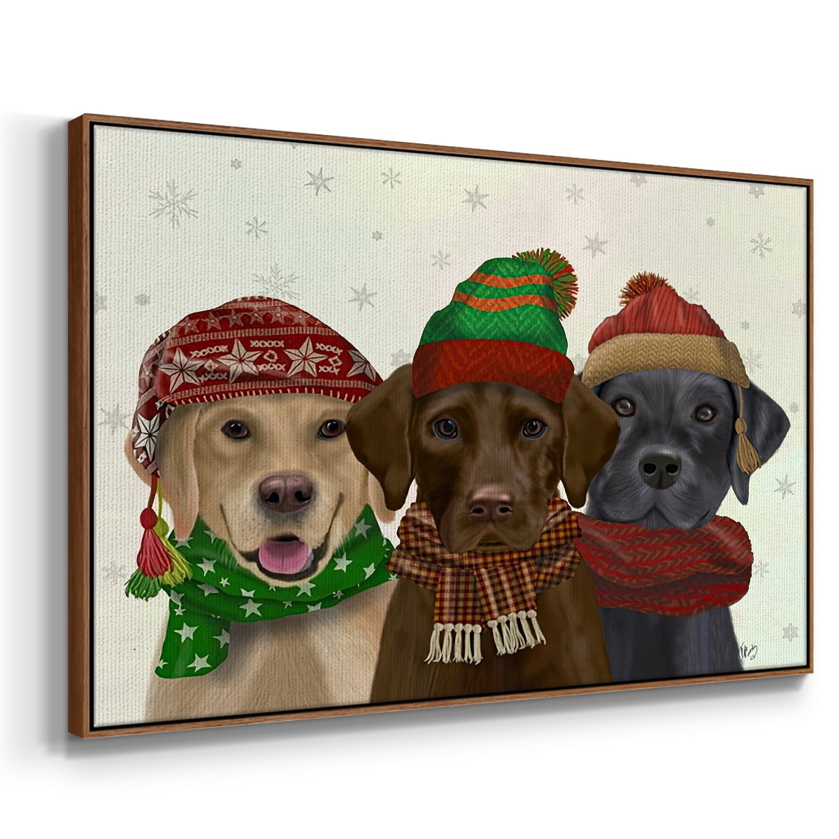 Christmas 3 Winter Labs - Framed Gallery Wrapped Holiday Canvas - 27 x 41 - Rosewood Frame
