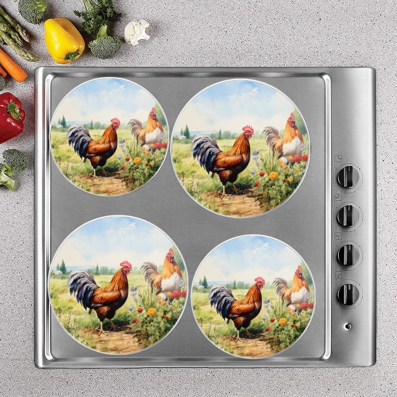 Bahomeck Electric Stove Burner Covers Set Of 4,Roosters In Field With Flowers On Sunny Day Metal Gas Stove Burner Covers,Protecting Gas Stoves,8 Inch And 10 Inch