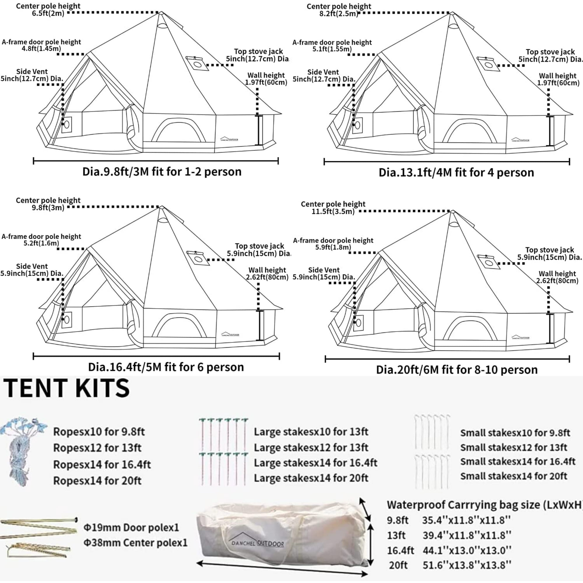 DANCHEL OUTDOOR 13ft=4M Cotton Canvas Waterproof Bell Tent with 2 Stove Jacks for Family Camping（4 Person）