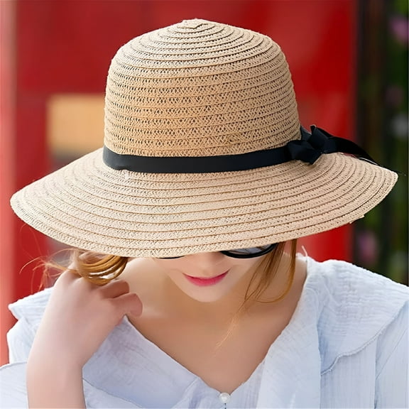 TELOLY Hats for Women Floppy Foldable Ladies Straw Beach Sun Summer Hat Beige Wide Brim Sun Hat