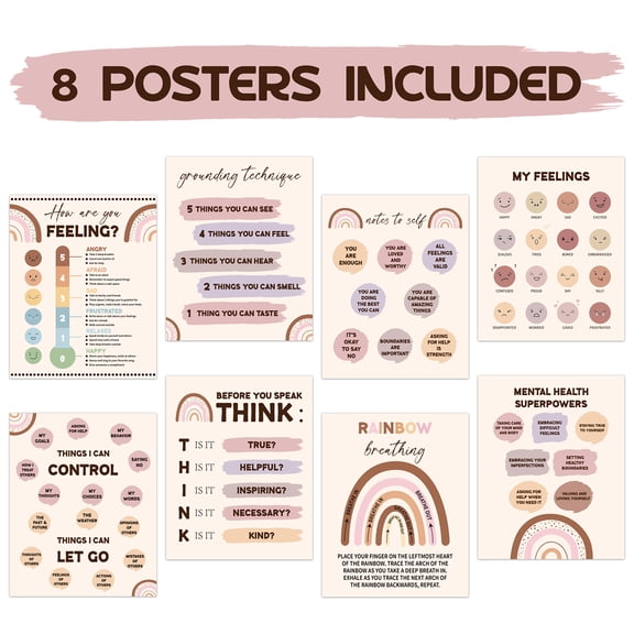 Bohemian Motivational Poster 8 Piece Rainbow Themed Mood Poster for Bedroom, Living Room Decor