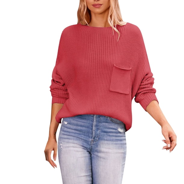 Gibobby Suéter mujer, Suéter Ligero de Cuello Redondo Suéter para Mujer(Rojo,XG)