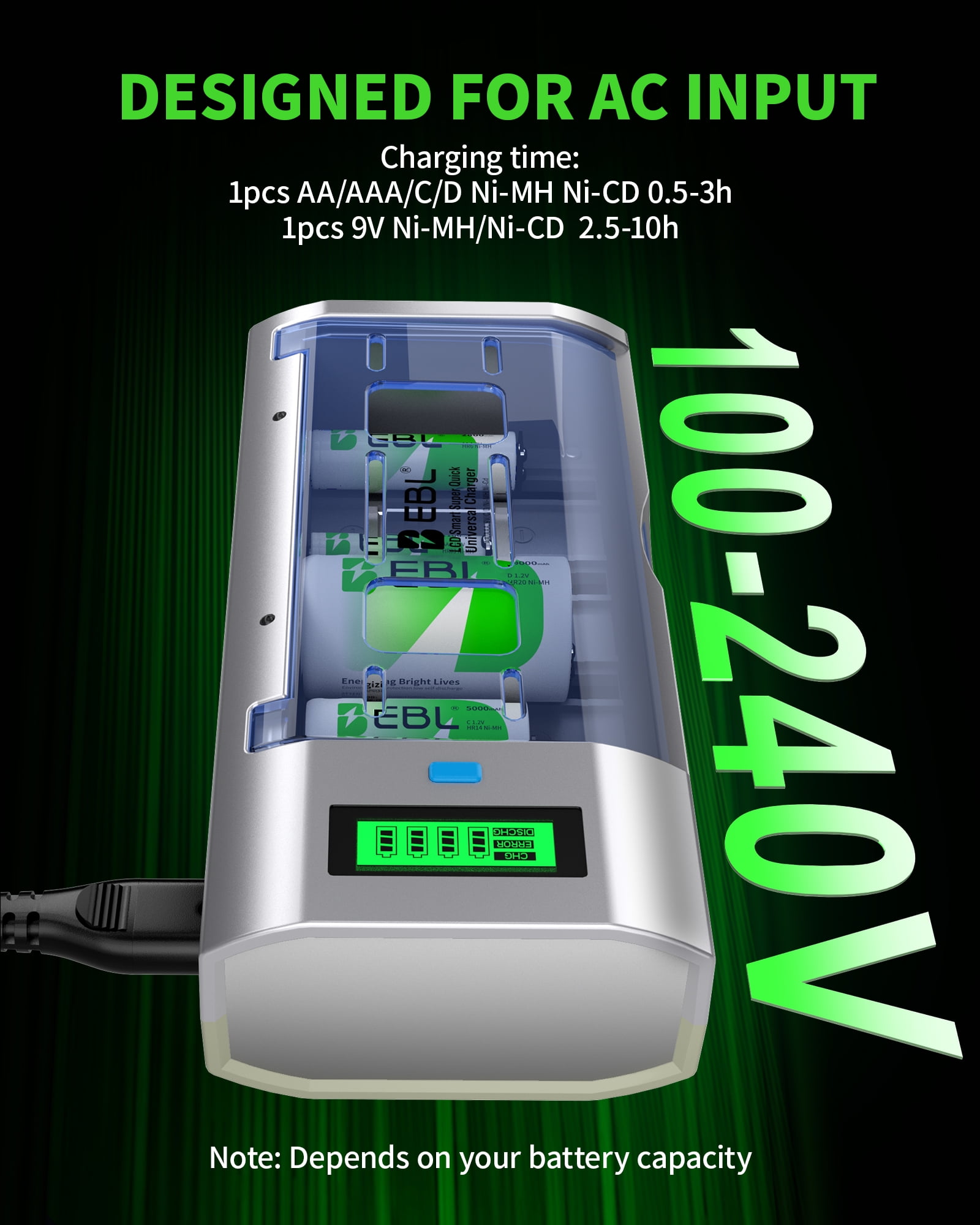 EBL Rechargeable D Batteries (6-Pack) with Battery Charger for 9V AA AAA C D Cell Batteries