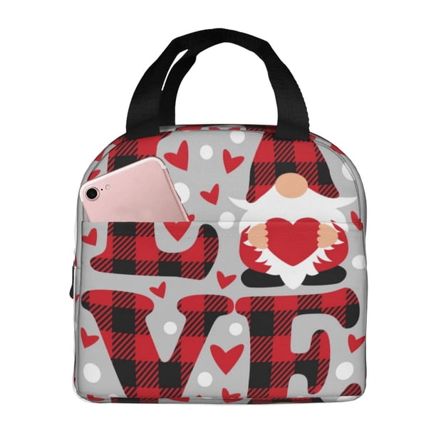 Balery Buffalo Plaid Love And Gnome Bolsa de Almuerzo Aislada – Caja de Almuerzo con Papel de Aluminio Grueso, Mantiene la Comida Fresca por 4 Horas