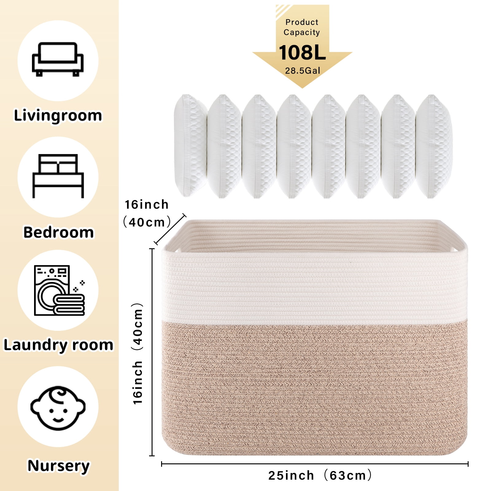 CHERISHGARD 100L Large Rectangle Blanket Basket，Cotton Rope Baskets for Storage, Woven Laundry Basket for Toys