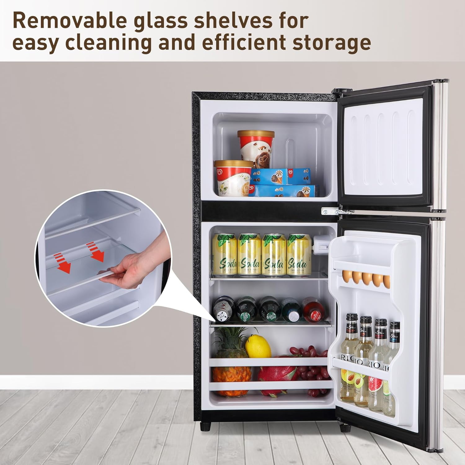 Kcpolre Mini Fridge with Freezer, 3.0 Cu.ft Small Refrigerator, 7 Adjustable Thermostat, Energy Saving, Low Noise, Double Door Compact Refrigerator for Dorm, Bedroom, Office - Silver