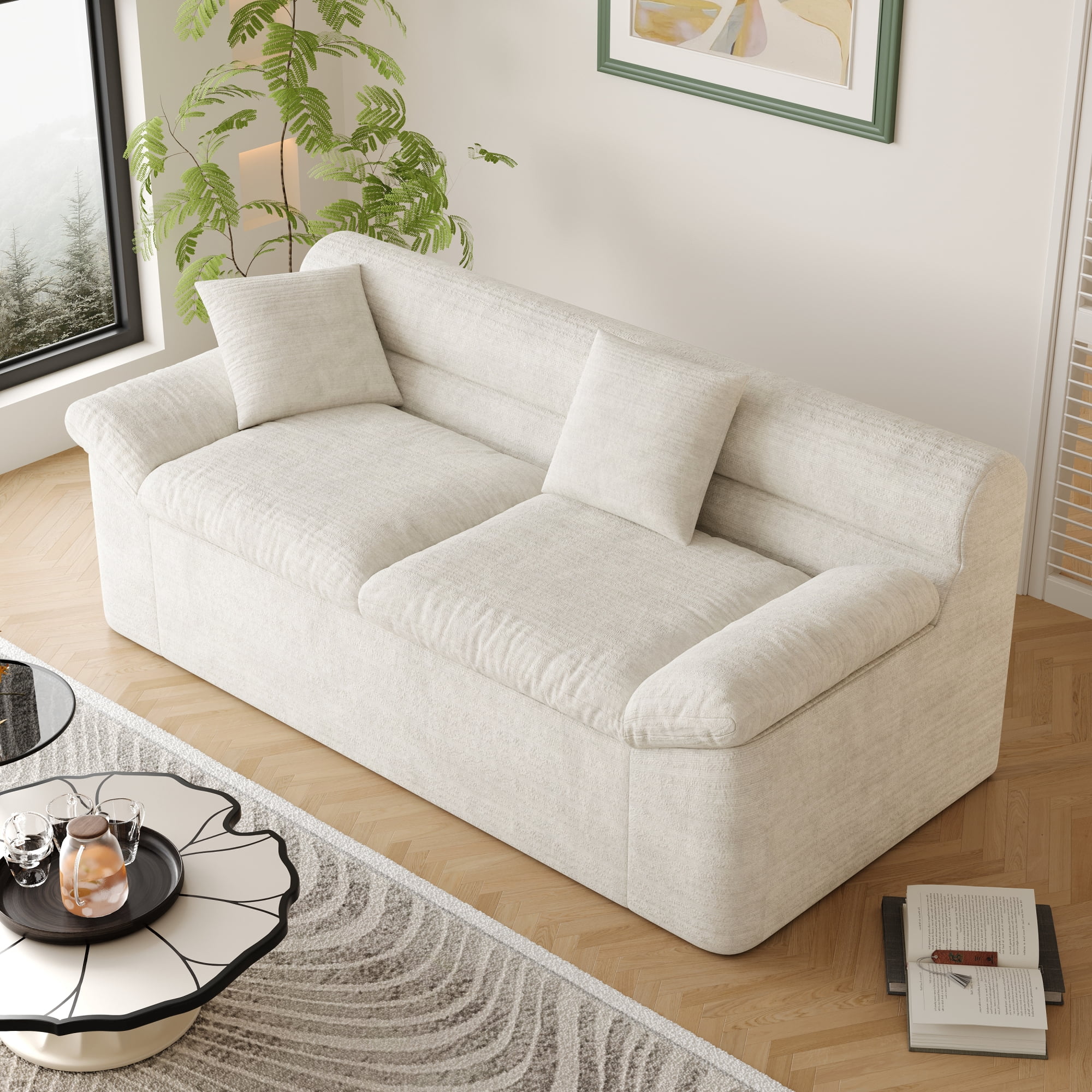 HOQBN 71" Boneless Couch for Living Room,Upholstered Chenille Sofa with Deep Seat Design and 2 Pillows,Comfy Cloud Couch for Bedroom, Office, Apartment, No Assembly,Cream White