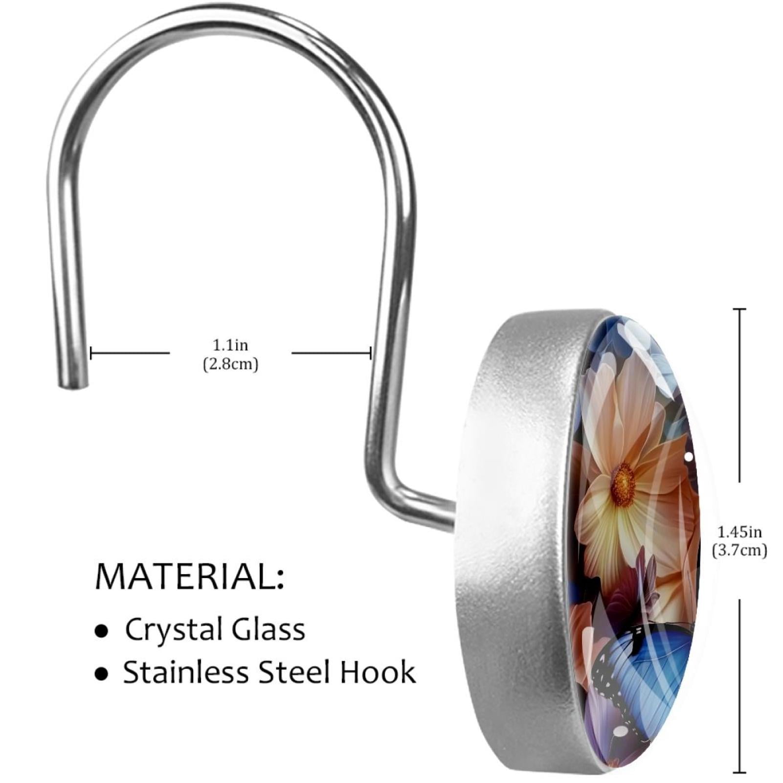 Colored Cosmos Flower Butterfly Shower Curtain Hooks Round Crystal Glass, Set of 12 Shower Curtain Rings - Shower Hooks for Curtain Shower Rings