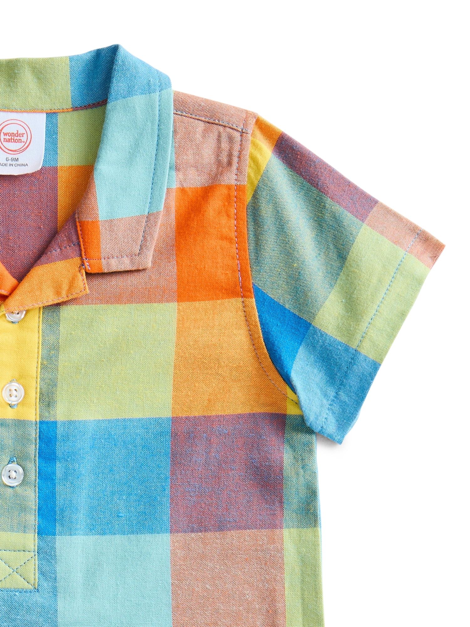 Wonder Nation Baby Boys Plaid Collared Romper with Short Sleeves, Sizes 0/3M-24M
