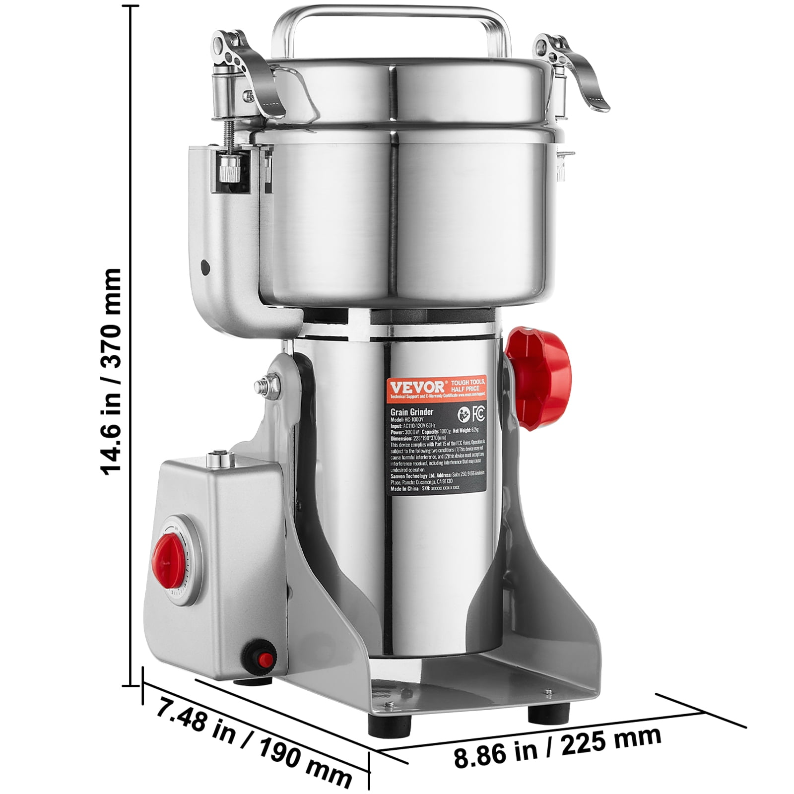 VEVOR Electric Grain Mill Grinder,  1000g High Speed 3000W Commercial Spice Grinders, Stainless Steel Pulverizer Powder Machine, for Dry Cereals Coffee Corn Pepper, Swing Type