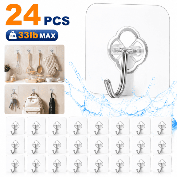 Genreen 24 Pack Heavy Duty Self Adhesive Hooks - 33lb Max, Transparent, Waterproof, Sticky Wall Hooks for Keys, Bathroom, Shower, Outdoor, Kitchen, Door, Home Improvement, Utility