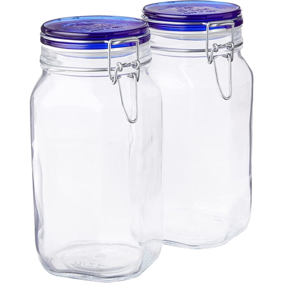 Bormioli Rocco Fido Collection, 2 Pack, 50.75 Oz. Food Storage Glass Jars, Airtight Rubber Seal & Glass Lid, With Stainless Wire Clamp, Made In Italy, Dishwasher Safe
