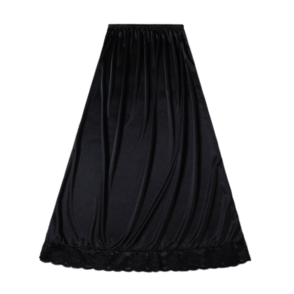 Women Lace Trim Half Slip Long Underskirt Under Dress Slip Elastic Waist Long Petticoat Ice Silk Invisible Skirt