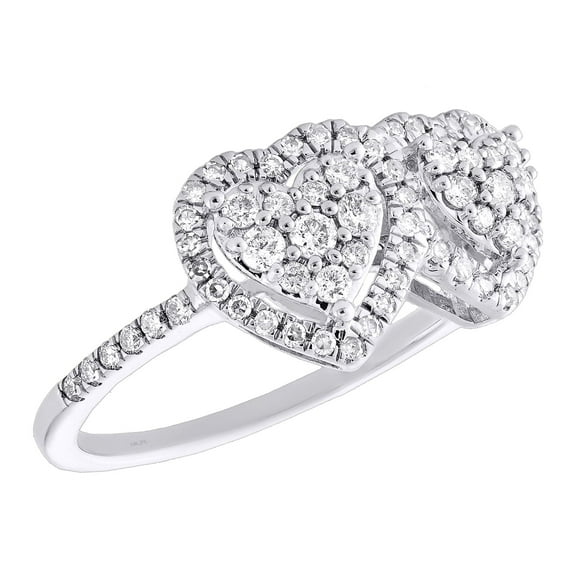 14K White Gold Round Diamond Women's Double Heart Halo Right Hand Ring 1/2 CT