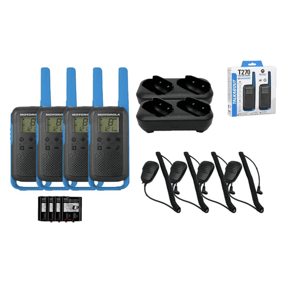 Motorola Solutions, Portable FRS, Talkabout T270 Two Way Radio 4 Pack Walkie Talkies Blue/Black 22 Channels Remote Speaker Mics Dual Chargers