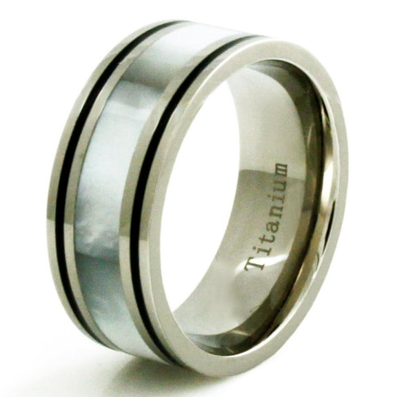 Titanium White Shell Inlay Tioneer Black Resin Edge Wedding Band Ring For Men And Women 9mm.