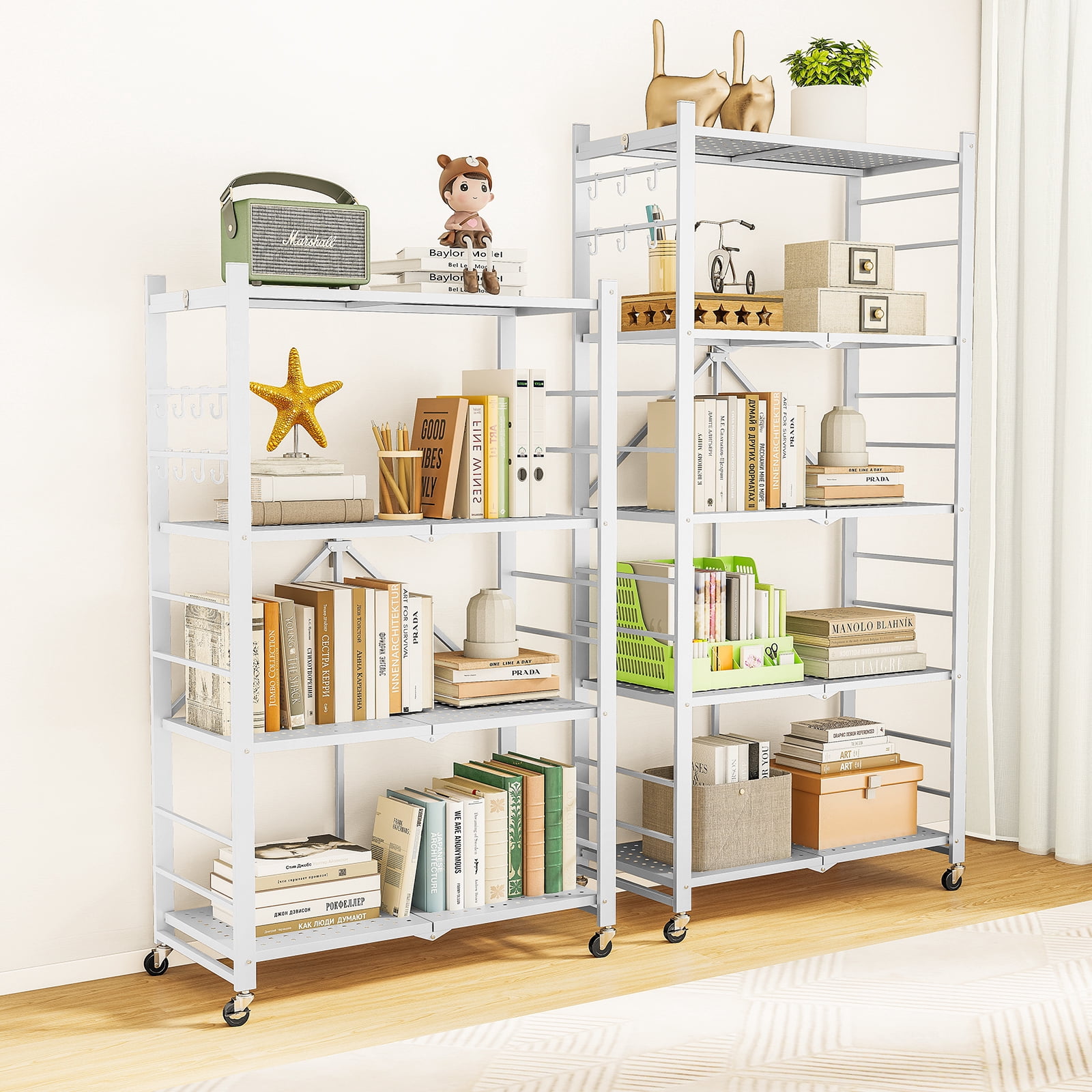 Fenbeli Storage Shelves,5-Tier Foldable Metal Wire Storage Shelf with Wheels, Heavy Duty Organizer Rack for Garage, Kitchen, Closet, White
