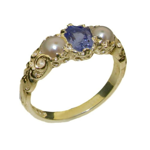 LBG British Made 9k Yellow Gold Natural Tanzanite & Cultured Pearl Womens Trilogy Ring - 33 size options - Sizes 4 to 12 Available