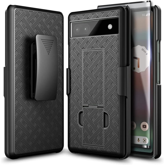 Nagebee Phone Case Compatible for Google Pixel 6A 5G (2022) Tempered Glass Screen Protector, Armor Defender [Swivel Belt Clip Holster] [Built-In Kickstand] Shockproof Rugged Phone Cover (Shell Black)