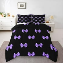 Castle Fairy Cute Bowtie 3 Pieces Queen Comforter Set for Teens Femalemen,Dreamy Princess Ribbon Bow Ultra Soft Bedding Sets,Black Purple Bedding Comforter Set Breathable,Breathable Home Decor