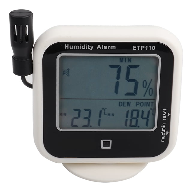 ETP110 Termohigrómetro Digital, Pantalla LCD Grande, Alarma LED para Hogar, Laboratorio, Más Alto, Almacén, Montaje en Pared Ocritorio, Almacenamiento de datos, Conversión