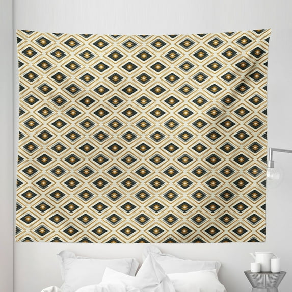 Aztec Tapestry, Traditional Inspired Native Geometric Boho Mexican Pattern, Fabric Wall Hanging Decor for Bedroom Living Room Dorm, 5 Sizes, Black Amber Beige, by Ambesonne