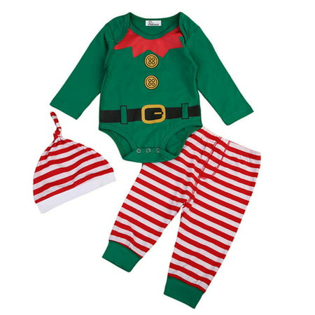 Unisex Babys Christmas Elf Outfits Long Sleeve Romper Jumpsuit+Stripes Pant And Hat 18-24 Months