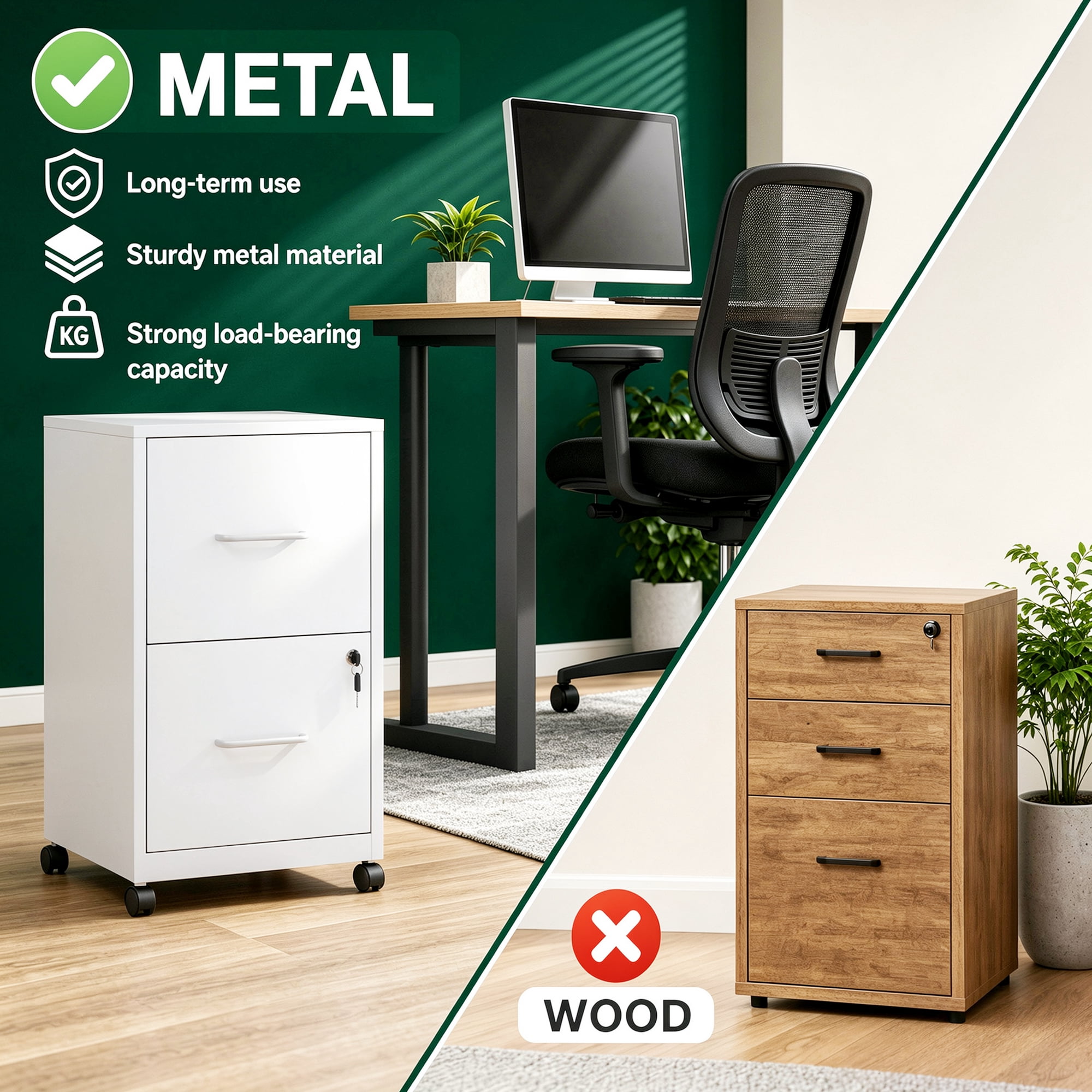 2 Drawer Lockable Metal File Cabinet With Wheel, Vertical Under Desk Steel Filing Cabinet with Wall Anti-Tip Kit, Heavy Duty Office Storage Cabinet for Letter/Legal Size Files, Black