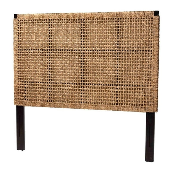 Bowery Hill Seagrass and Dark Brown Mahogany Wood Queen Size Headboard