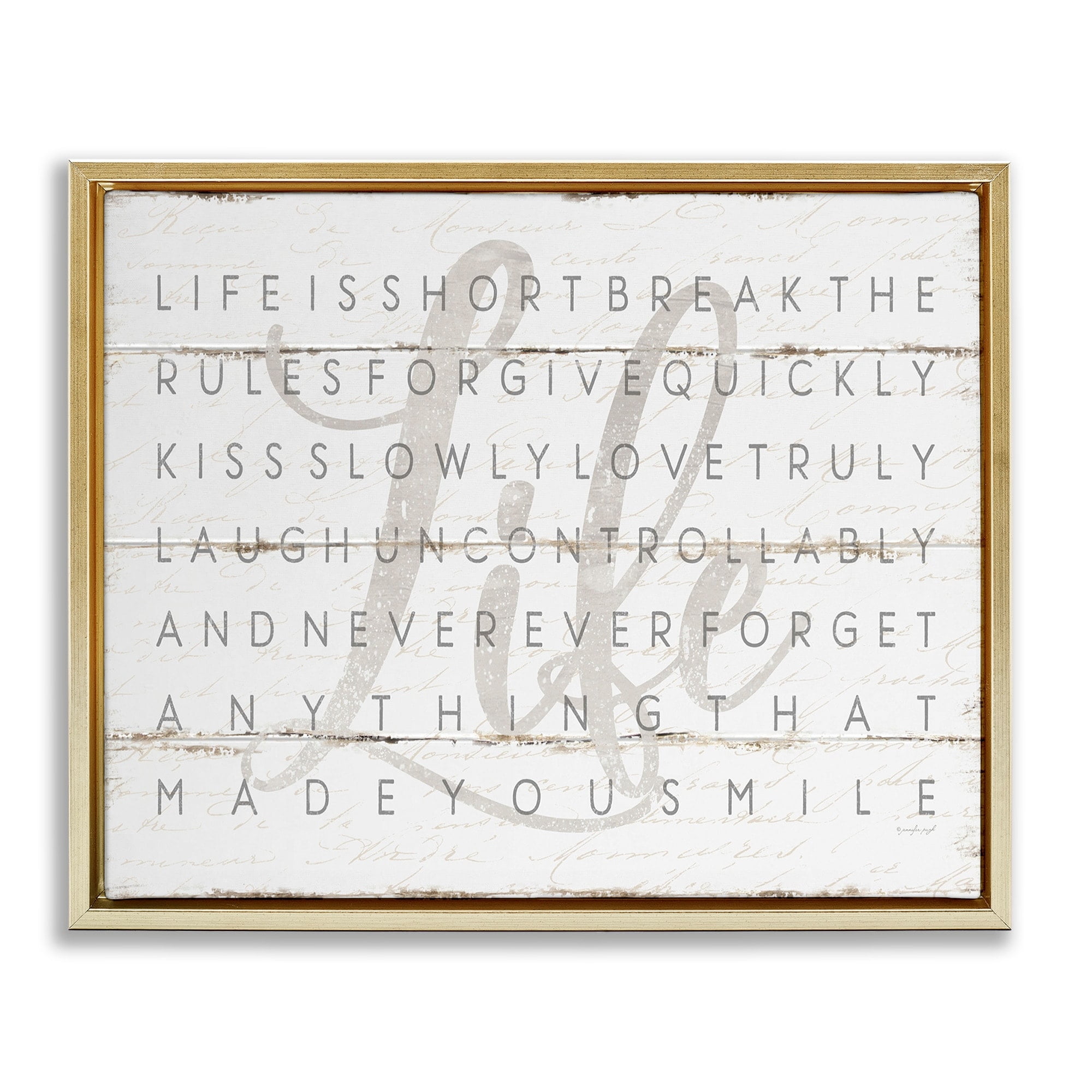 Stupell Industries Life Is Short Smile Grey on White Planked Look Metallic Gold Framed Floating Canvas Wall Art, 16x20, by Jennifer Pugh