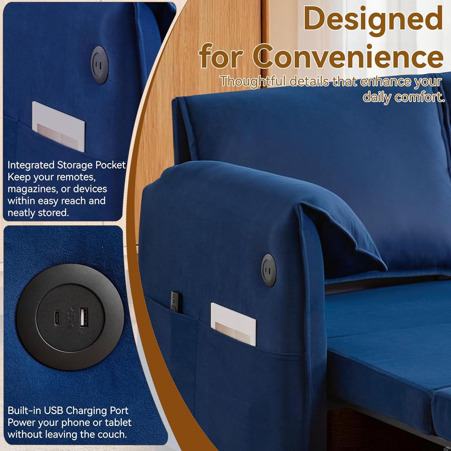 63" Velvet Pull Out Couch, 3-in-1 Convertible Sleeper Sofa Bed with Adjustable Backrest, USB Charging Ports, Side Pockets, Modern Loveseat for Living Room, Bedroom, Apartment, Blue