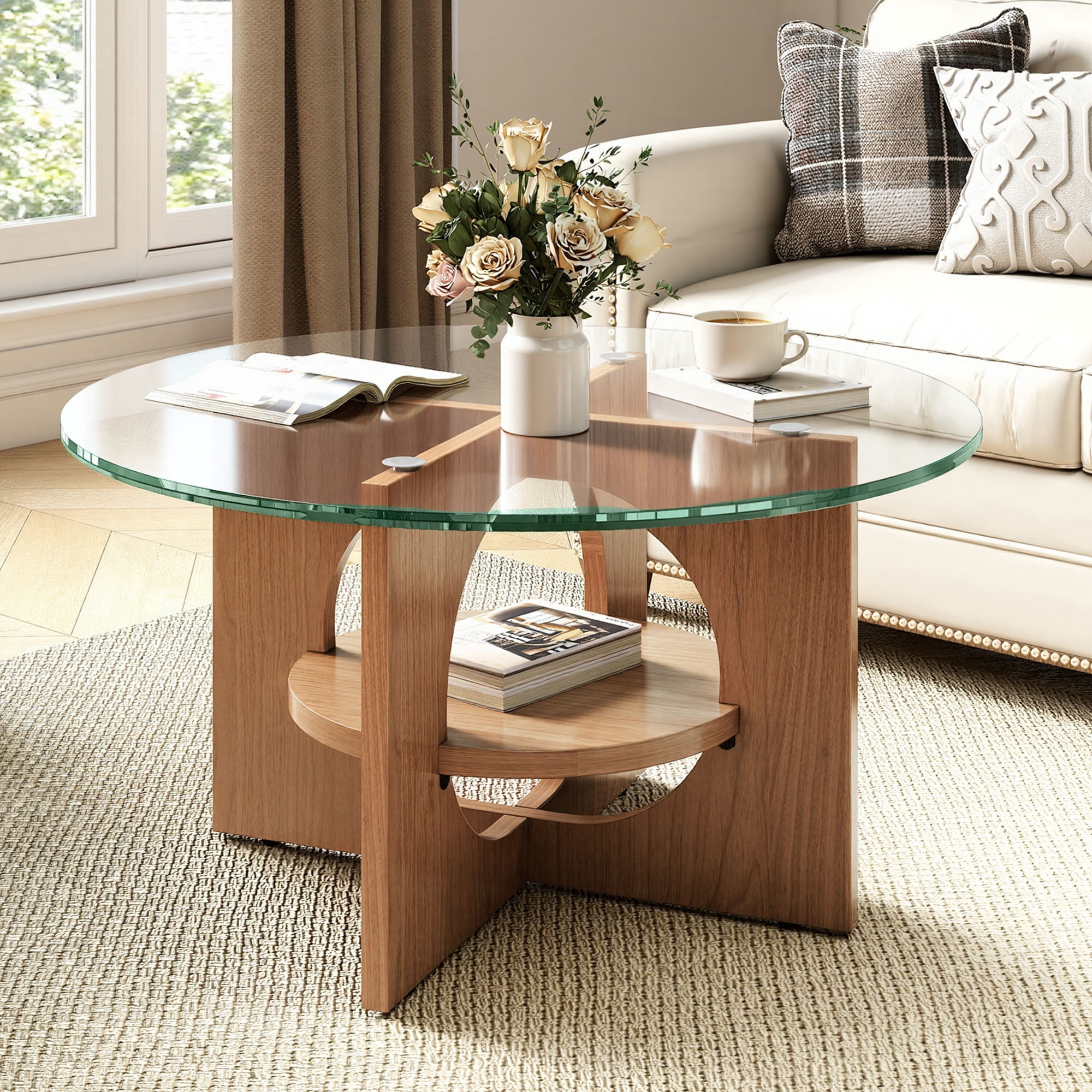Uforic Round Coffee Table, 2-Tier Tempered Glass Coffee Table with Storage Shelf, Modern Multi-Purpose Center Cocktail Table for Living Room, Office, Walnut Finish
