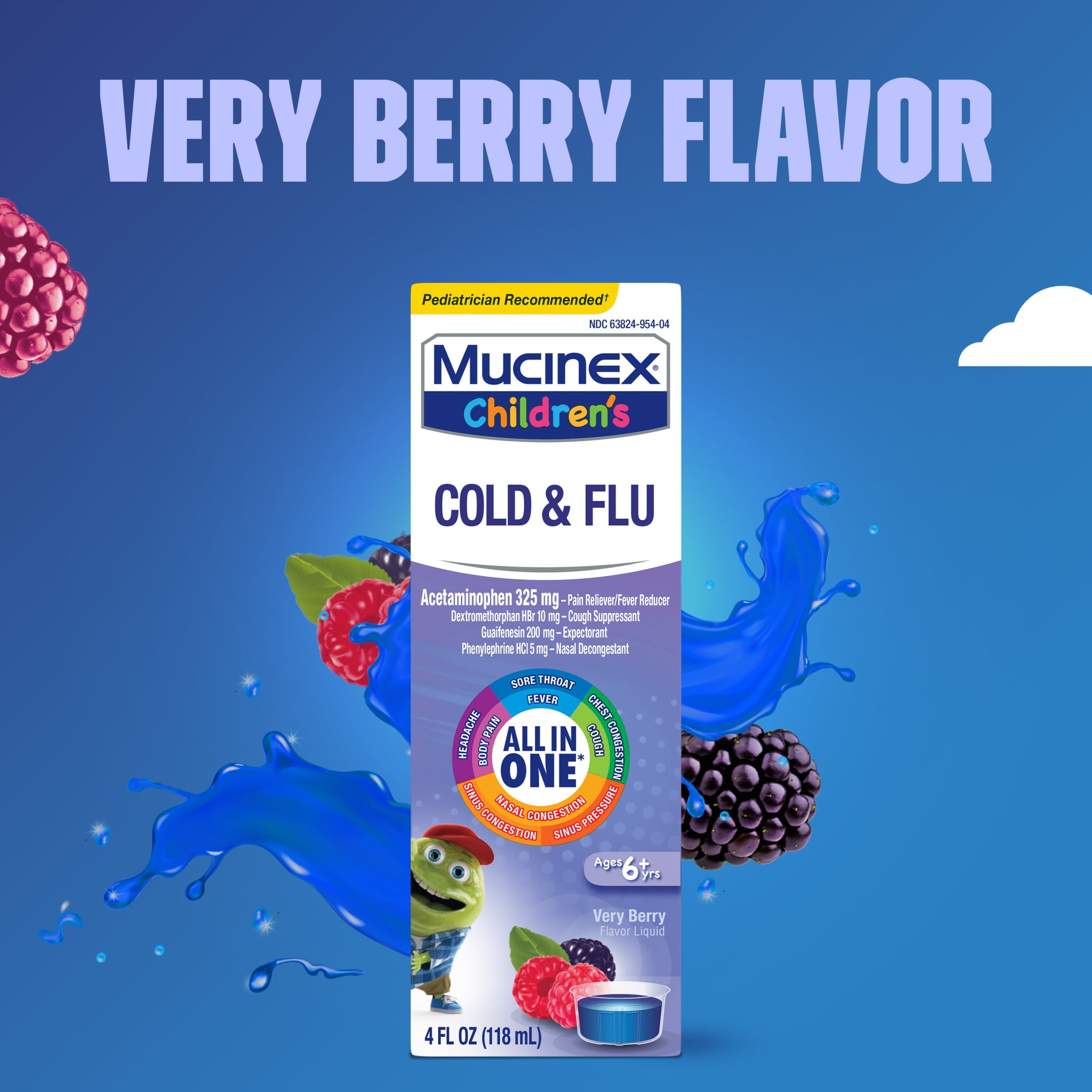 Mucinex Children's Cold and Flu Cough OTC Medicine for Kids, Very Berry Flavor Liquid, 4 fl oz