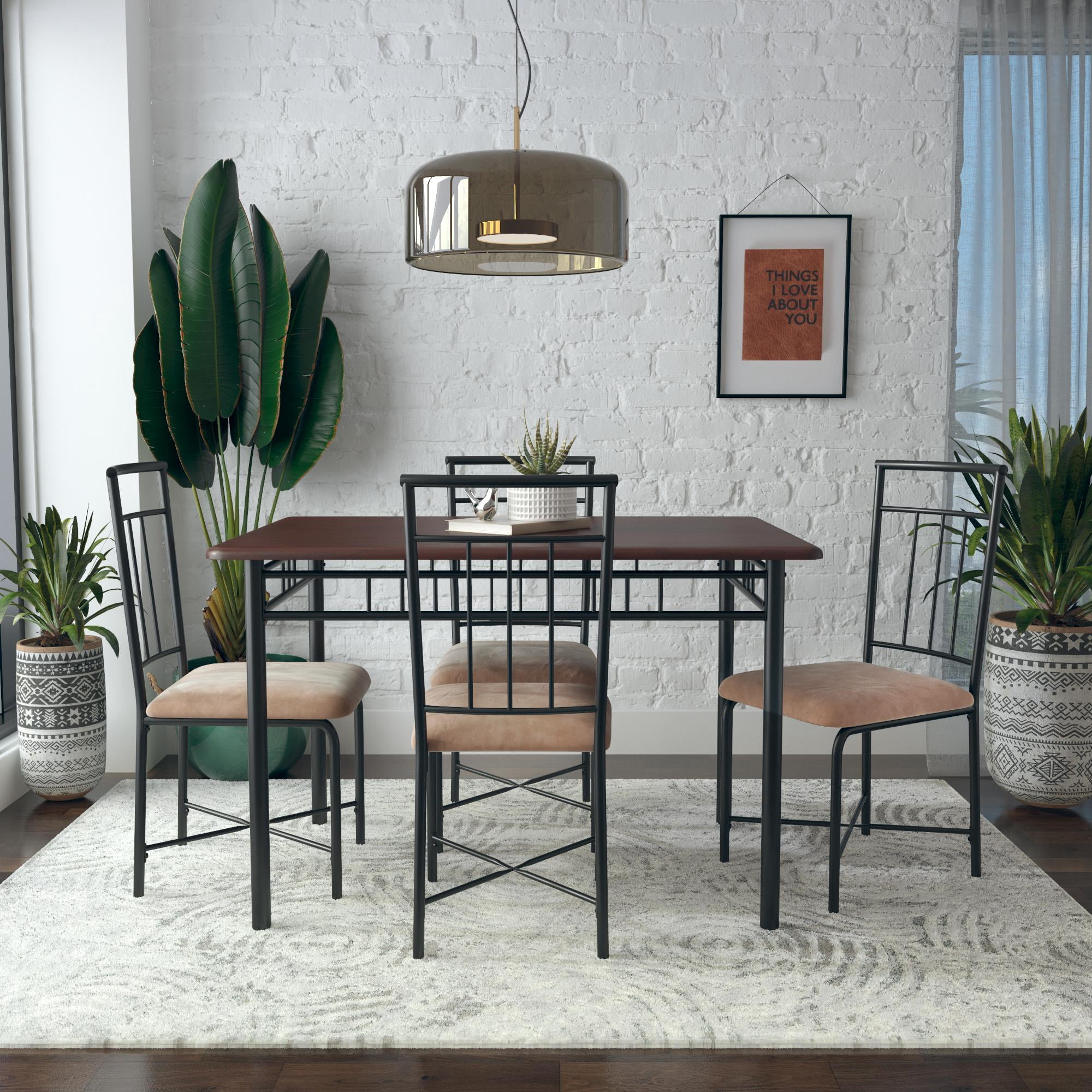Mainstays Louise 5-Piece Wood and Metal Dining Set, Deep Walnut