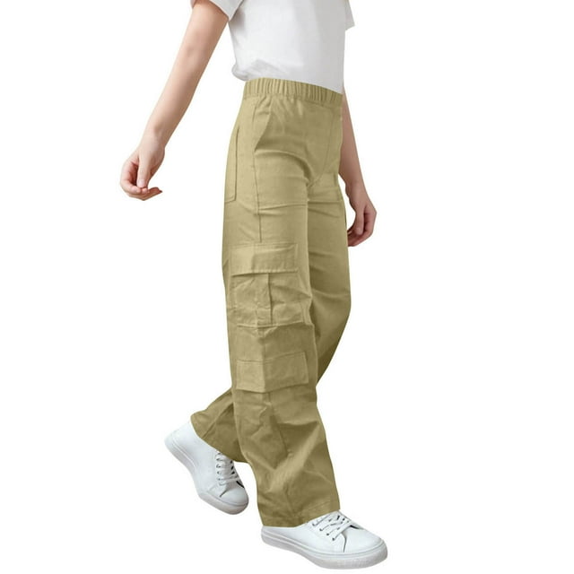 Children's Solid Color Stretch-Belt Work Pants with Pockets, Medium Size Casual Baggy Pants, Adult Version
