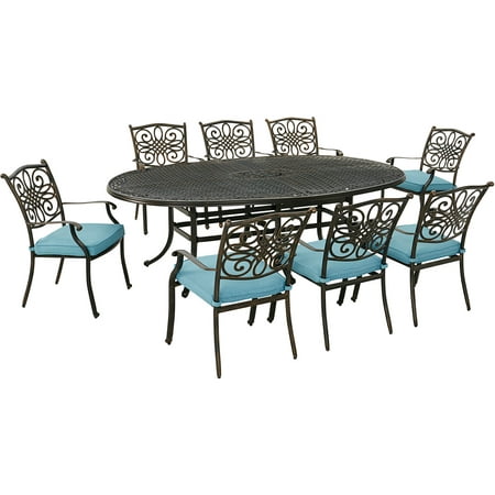 Hanover Traditions 9-Piece Dining Set in Blue with Eight Stationary Dining Chairs and 95-in. x 60-in. Oval Cast Dining Table