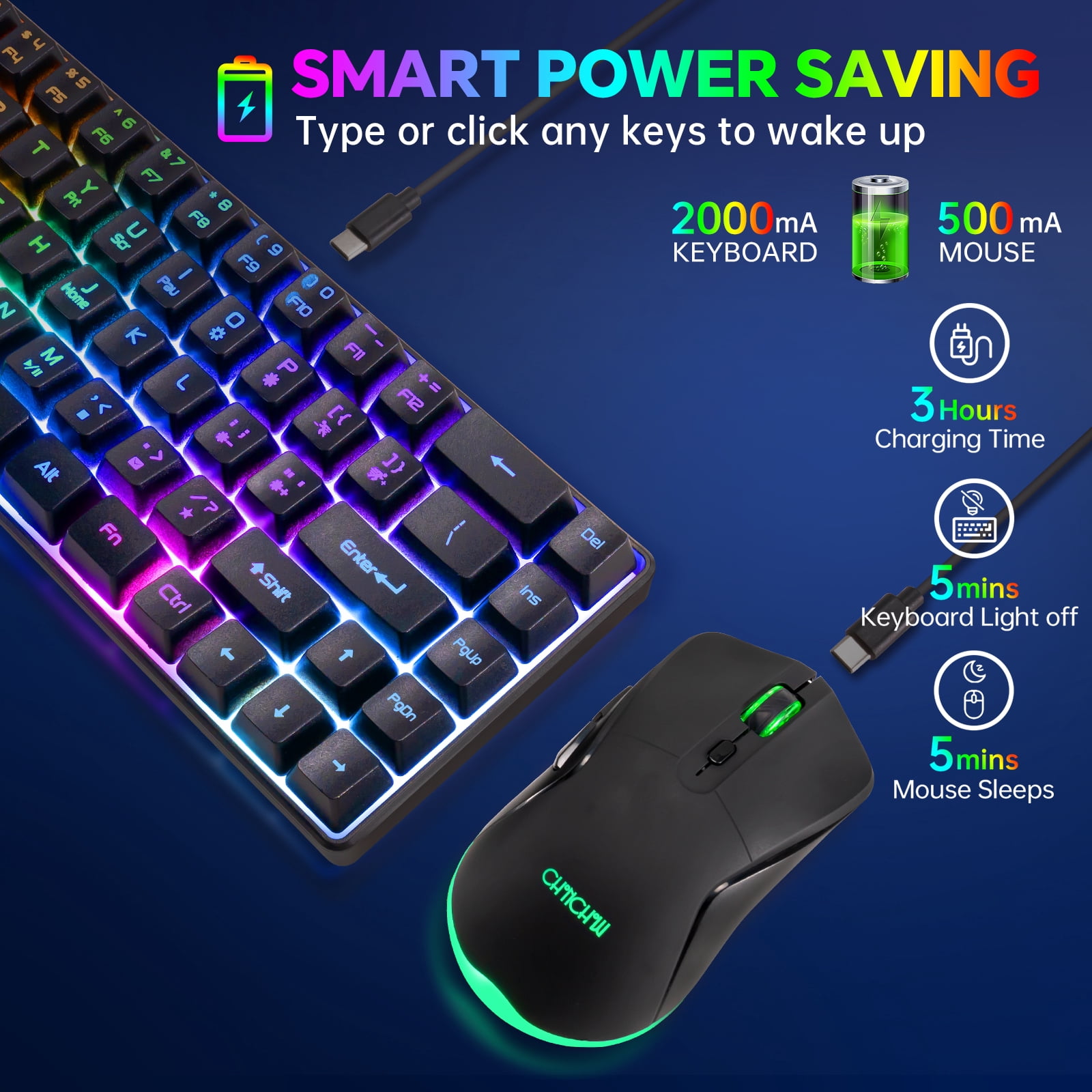 CHONCHOW 60% Wireless gaming Keyboard and Mouse Combo,68 keys Rechargeable Led Backlit Keyboard , 2.4GHz Wireless Receiver,Portable Design and Stable USB Connection for PC Mac Xbox