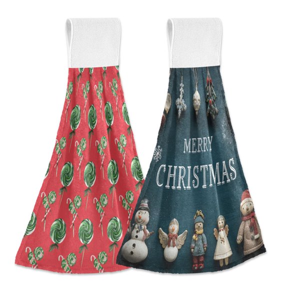 IAUYY Kitchen Hanging Towels Set of 2 100% Polyester Absorbent, Super Soft Hand Towels with Hanging Loops for Bathroom Kitchen Christmas Stick Cookies Christmas Scene