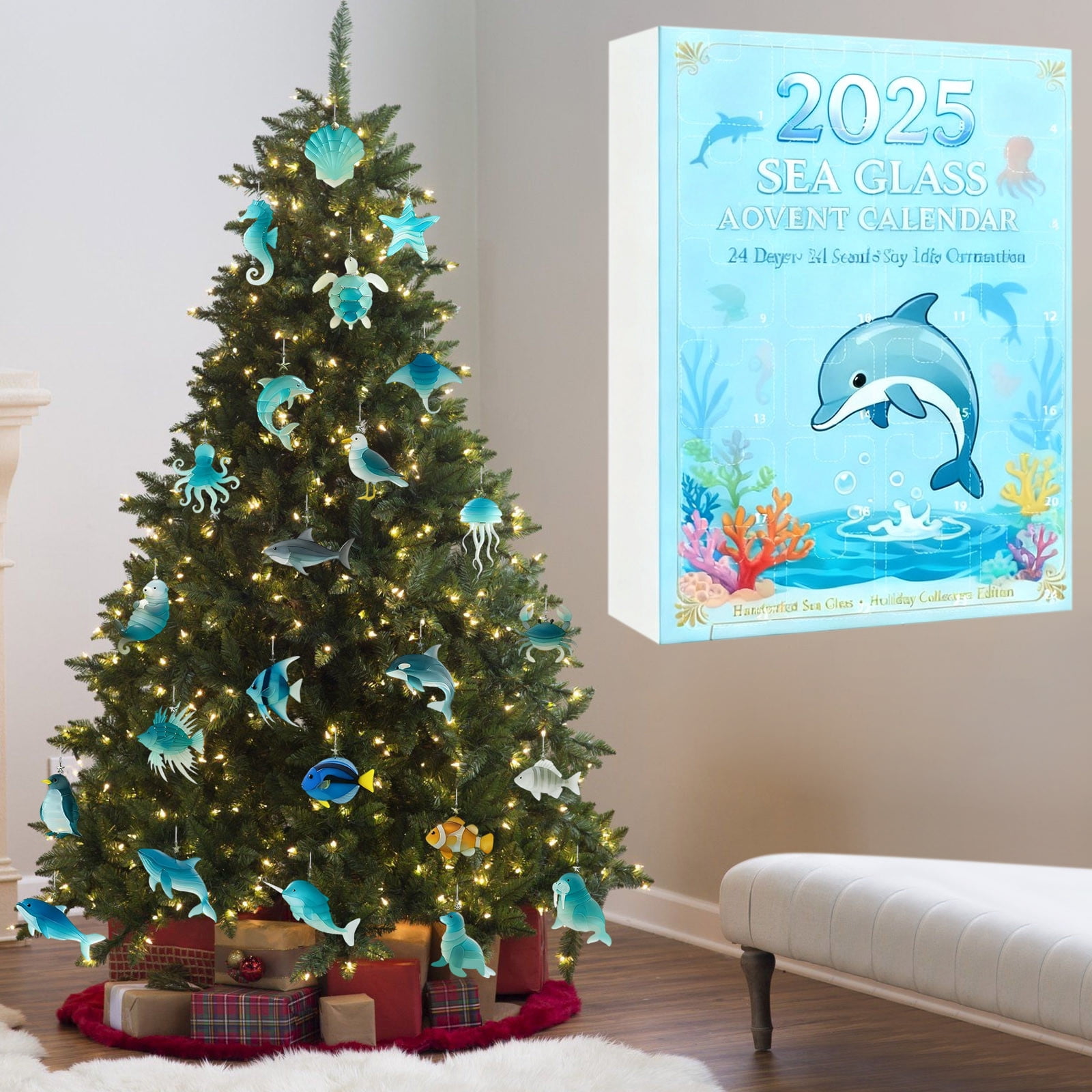 Lunxisen 1 Pcs Sea Glass Life Advent Calendar Christmas Countdown Calendar With Realistic Animals Decoration.